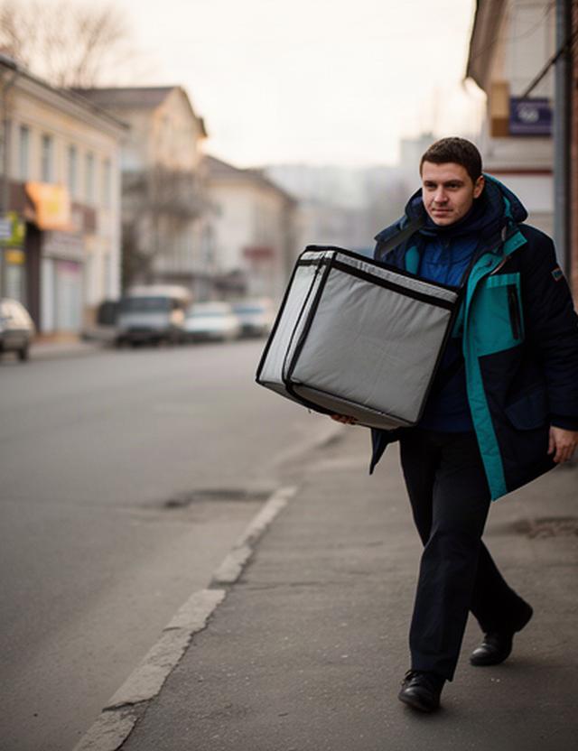 Курьер с термосумкой на городской улице Ростовской области в обычный рабочий день