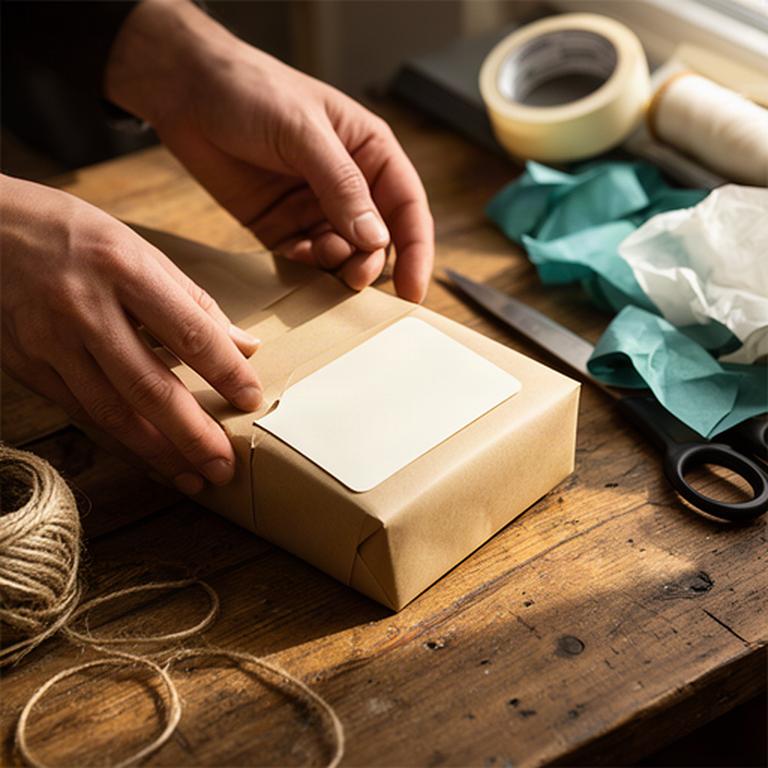 Руки продавца аккуратно упаковывают небольшой заказ с этикеткой на деревянном рабочем столе