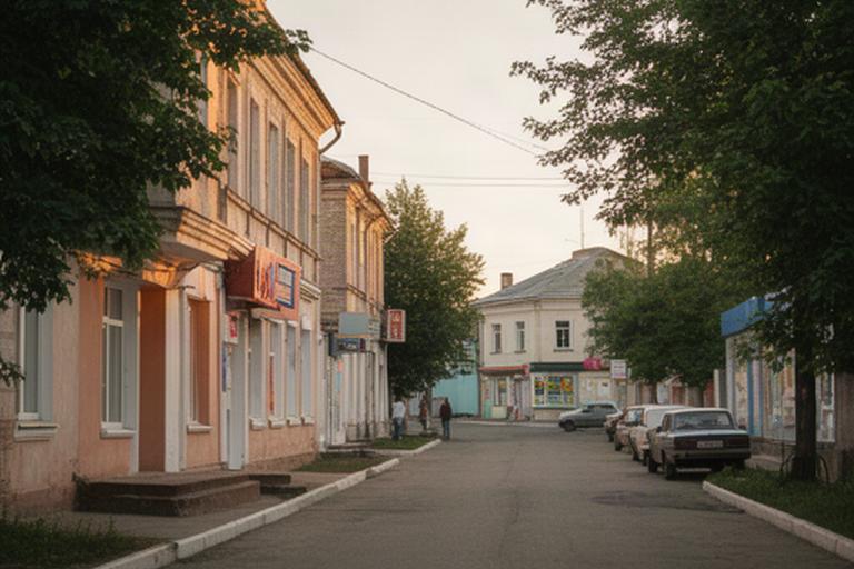 Тихая улица небольшого города Ростовской области с магазинами и жилыми домами