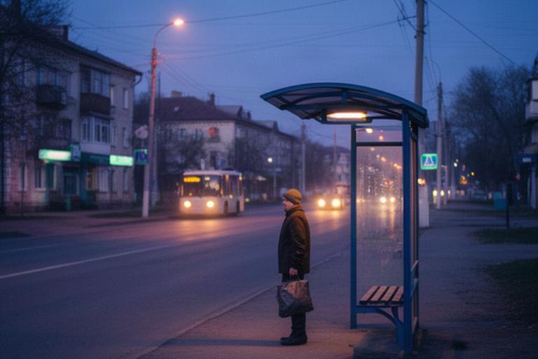 Остановка общественного транспорта в небольшом городе вечером, пассажир ждёт автобус после смены