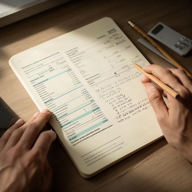 Руки специалиста сверяют расчёт дохода с записями в бумажном блокноте