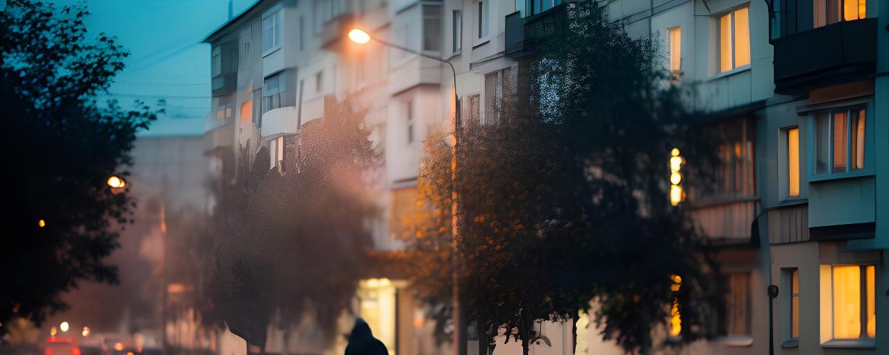 Вечерняя улица Ростовской области после рабочего дня, прохожий идёт домой мимо освещённых окон